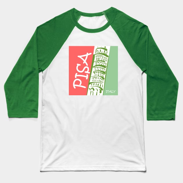 Pisa Italy Green and Coral Baseball T-Shirt by TNMGRAPHICS